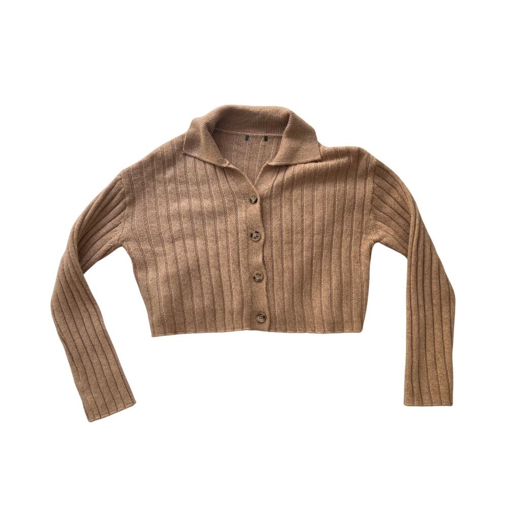 Tan Wide Collared Ribbed Button Down Cropped Cardigan Sweater - S